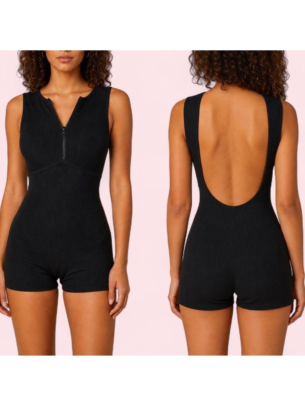 Pretty Knit Black Ribbed Zip-Front Romper
